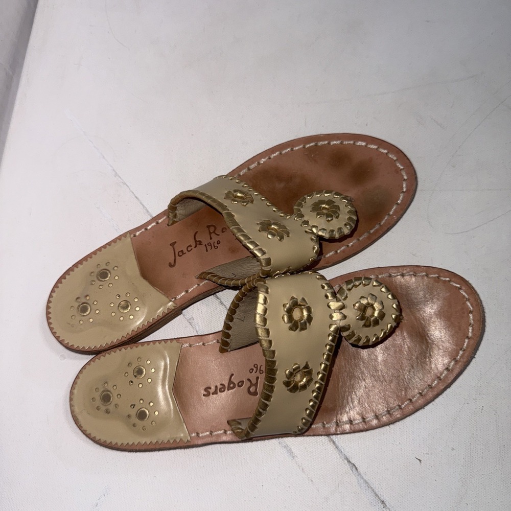 Jack Rogers Classic Leather Gold Old Money Quiet Luxury Thong Slide Sandals Sz 7 - Picture 2 of 12